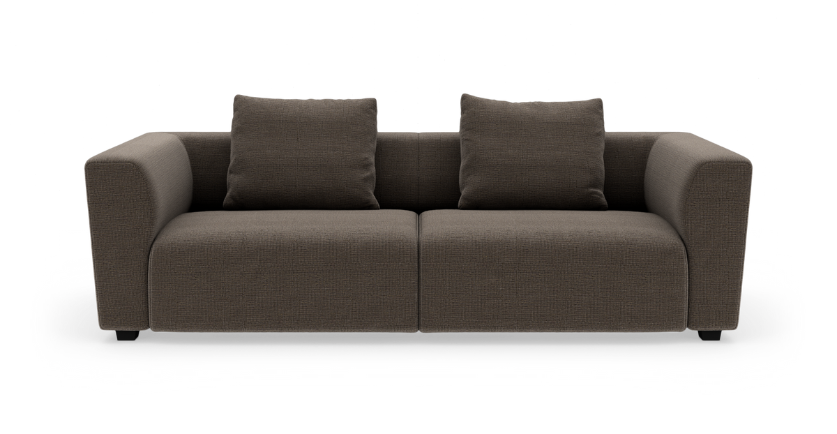 Mørkebrun 2-personers sofa med to ryghynder, set forfra.