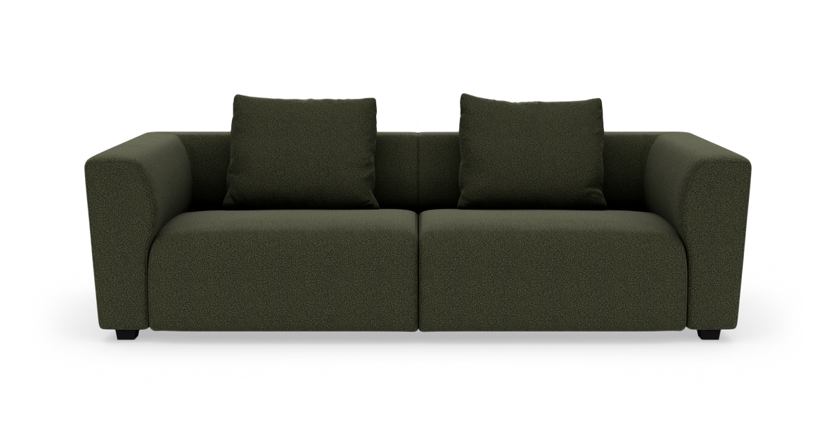 Mørkegrøn 2-personers sofa med to ryghynder, set forfra mod hvid baggrund.