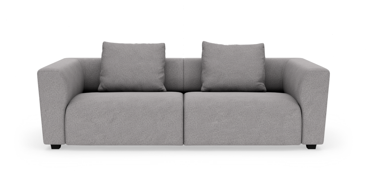 Lysegrå 2-personers sofa med to ryghynder, frontvisning på hvid baggrund.