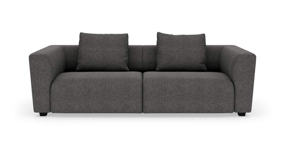 Mørkegrå 2-personers sofa med to matchende puder, frontvisning mod hvid baggrund.