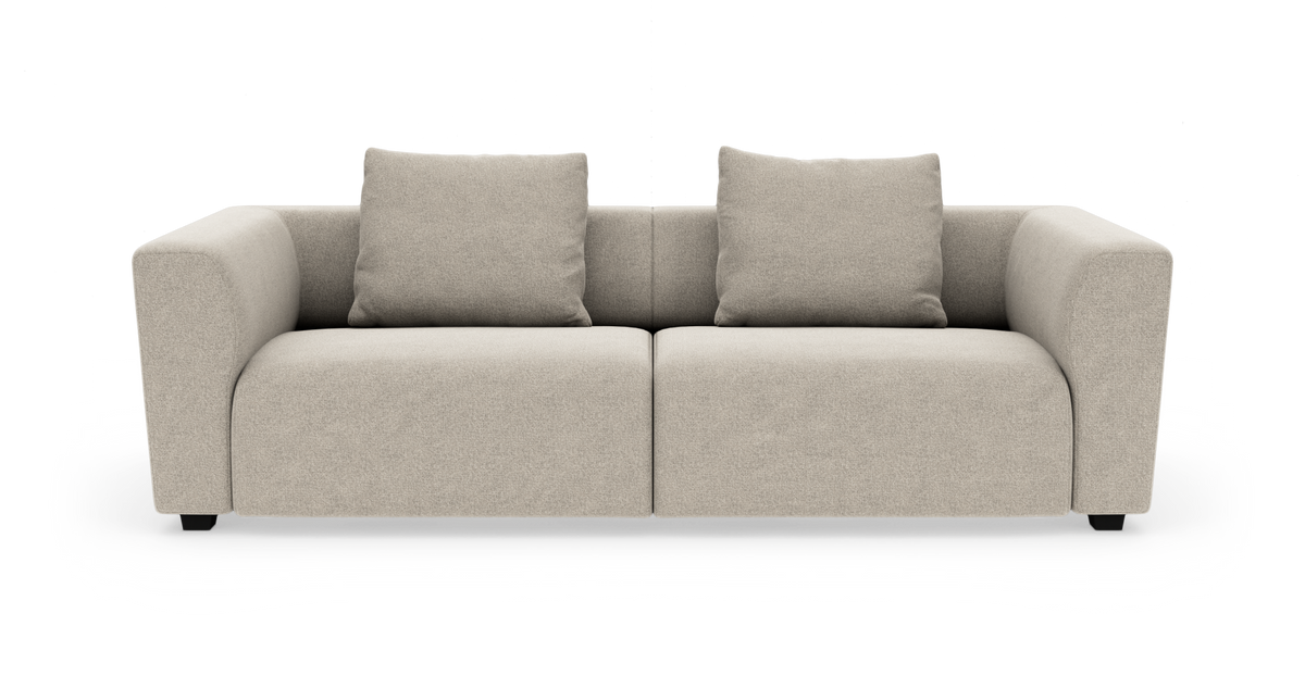 Beige to-personers sofa med afrundede armlæn og to ryghynder, set forfra mod hvid baggrund.