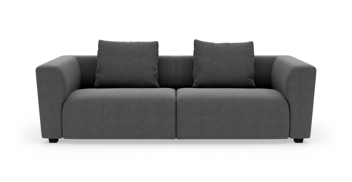 Mørkegrå 2-personers sofa med to løse puder, frontvisning mod hvid baggrund.