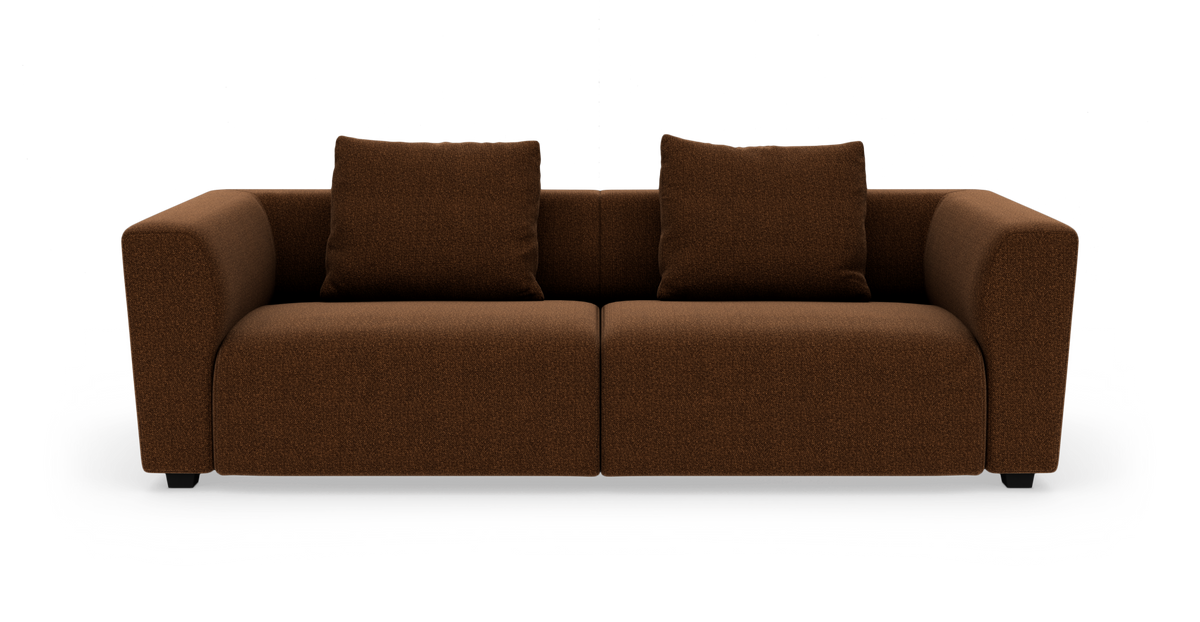 Brun stofsofa med to ryghynder set forfra.