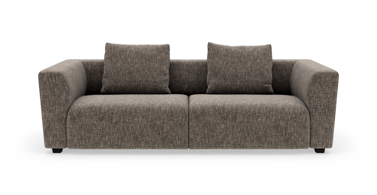 Brungrå 2-personers sofa med afrundede armlæn og to løse ryghynder, fritlagt på hvid baggrund.