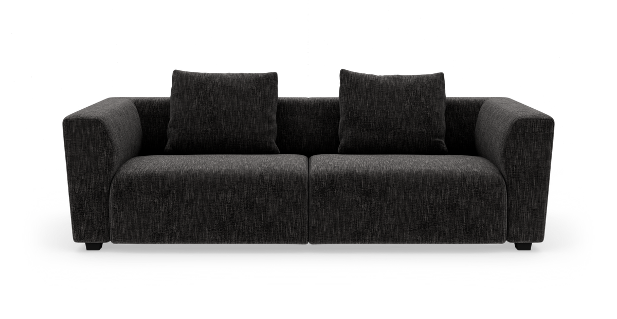 Mørkegrå sofa med to sædehynder og to rygpuder, frilagt på hvid baggrund.