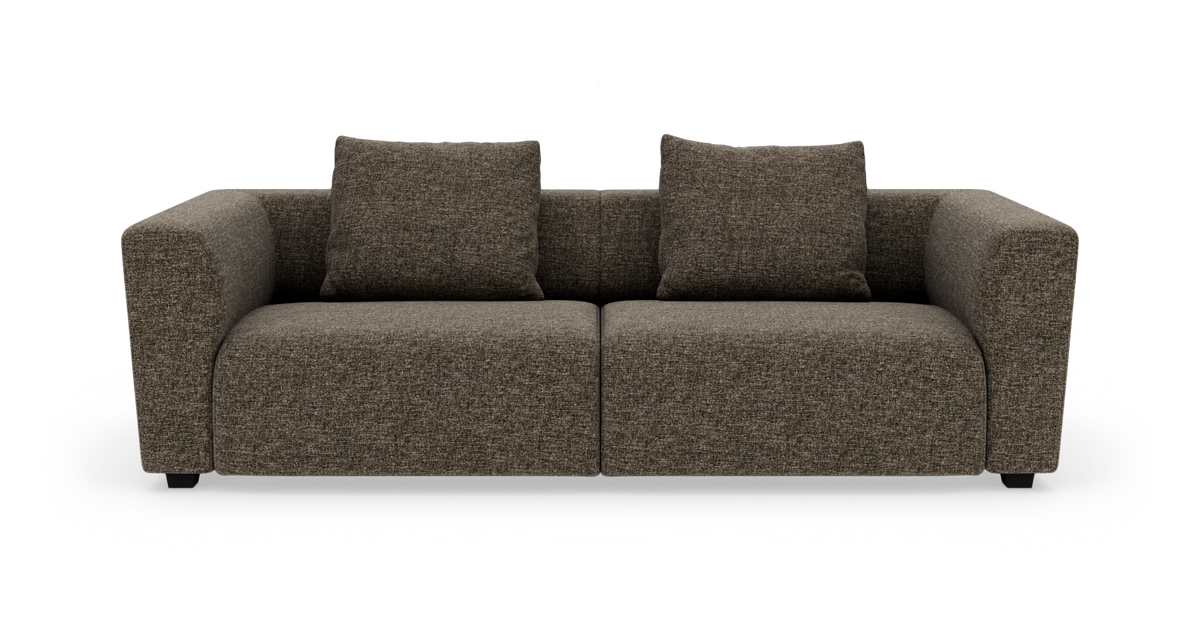 Brungrå 2-personers sofa med to ryghynder, fritstående på hvid baggrund.