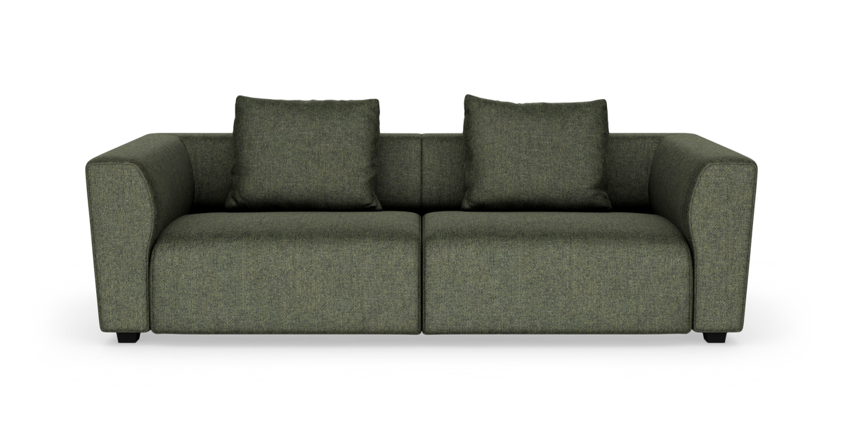 Mørkegrøn 2-personers sofa med to løse rygpuder, set forfra på hvid baggrund.