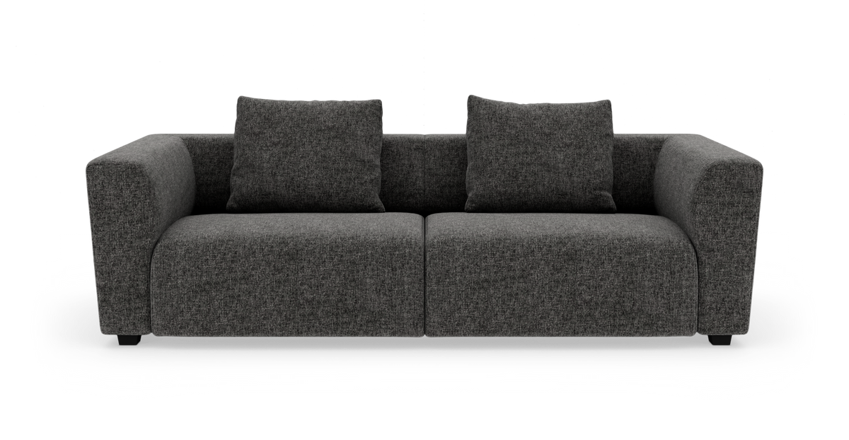 Mørkegrå 2-personers sofa med afrundede armlæn og to løse ryghynder, frontvisning mod hvid baggrund.