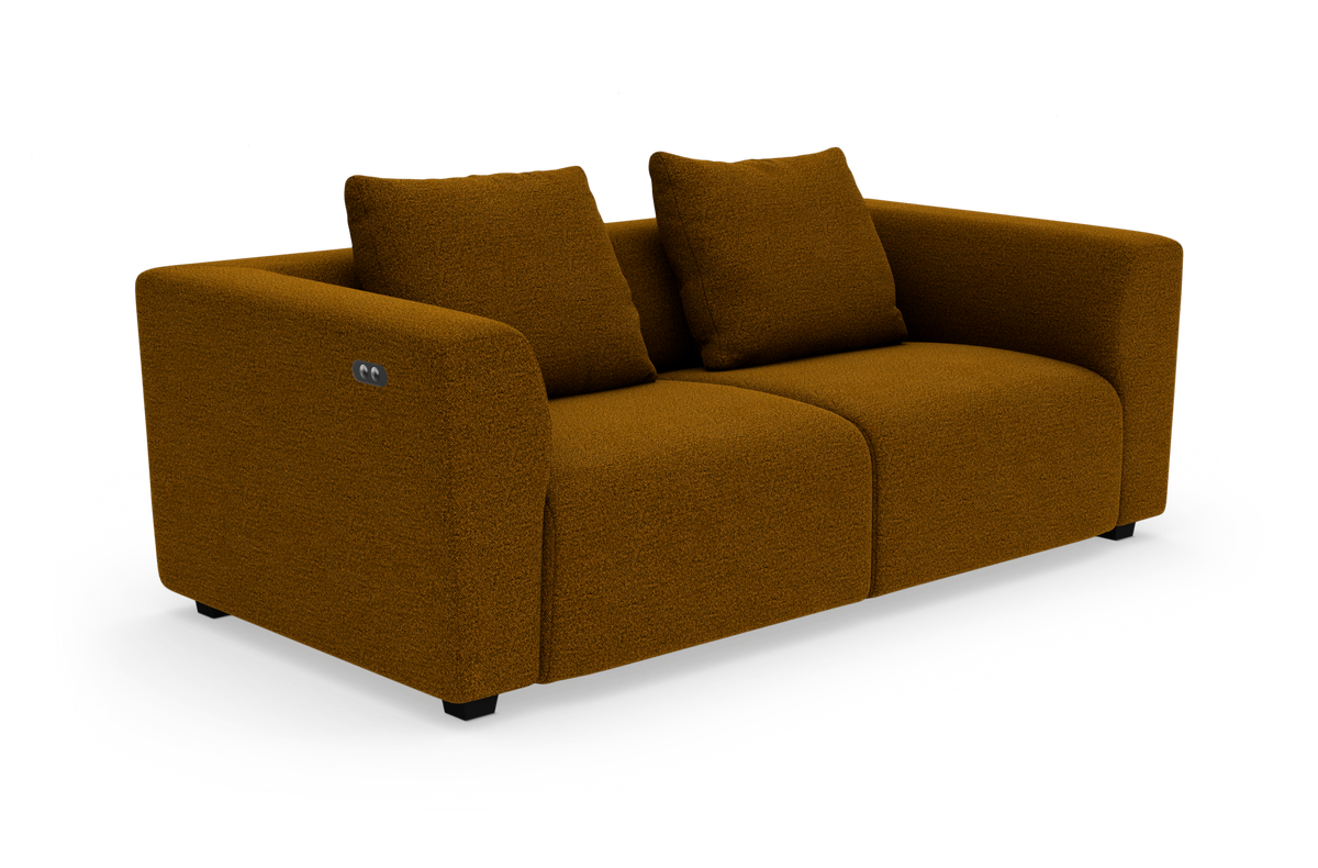 Brun 2-personers sofa med to løse puder på hvid baggrund.