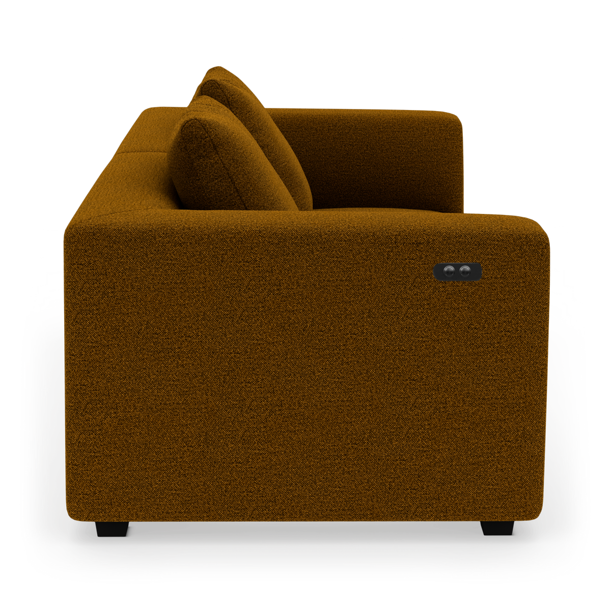Brun bouclé-sofa set fra siden med to ryghynder og en lille knap-/kontrolpanel på armlænet.