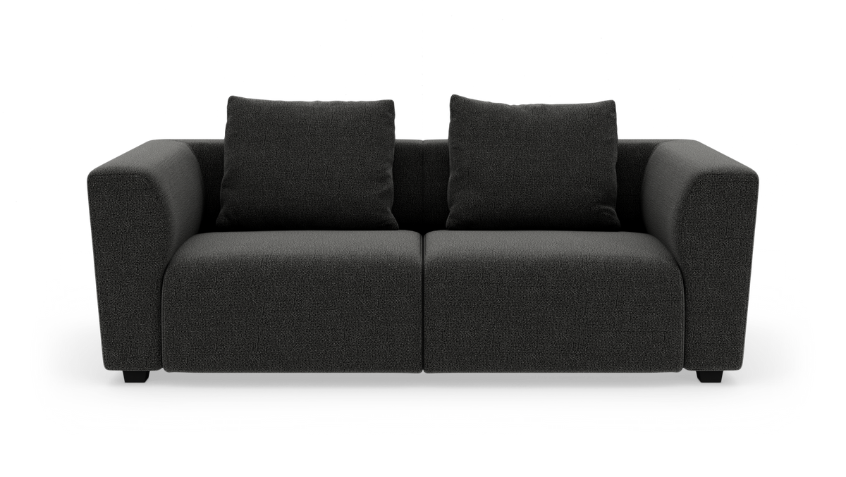 Mørkegrå 2-personers sofa med brede armlæn og to ryghynder, frilagt mod hvid baggrund.
