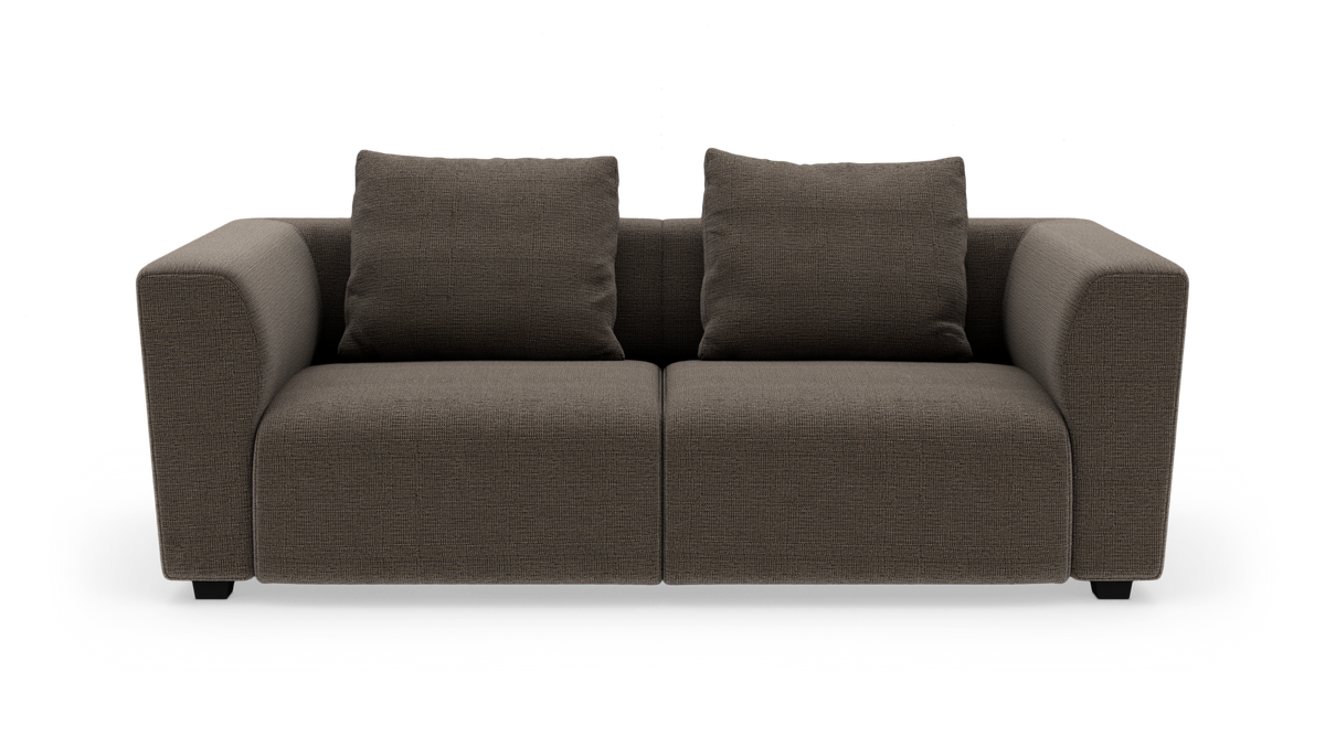 Brun 2-pers. sofa med brede armlæn og to rygpuder, frilagt på hvid baggrund.