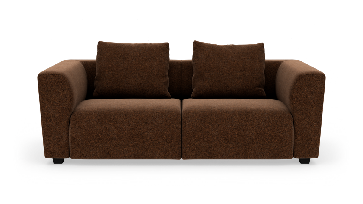Brun 2-personers sofa med to løse ryghynder, set forfra på hvid baggrund.