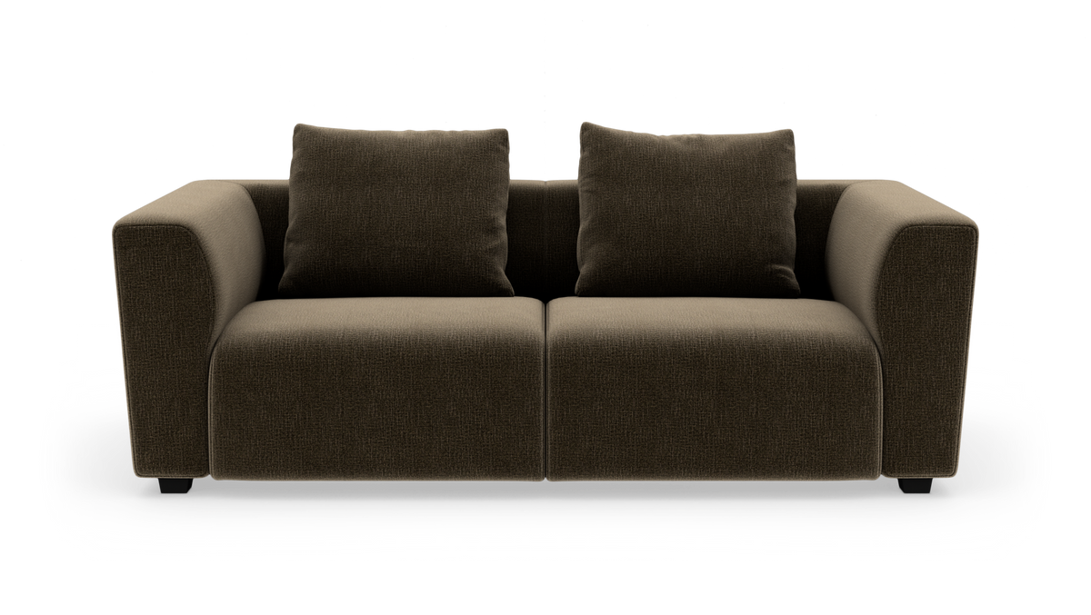 Brun tosædet sofa med brede armlæn og to ryghynder, set forfra på hvid studiobaggrund.