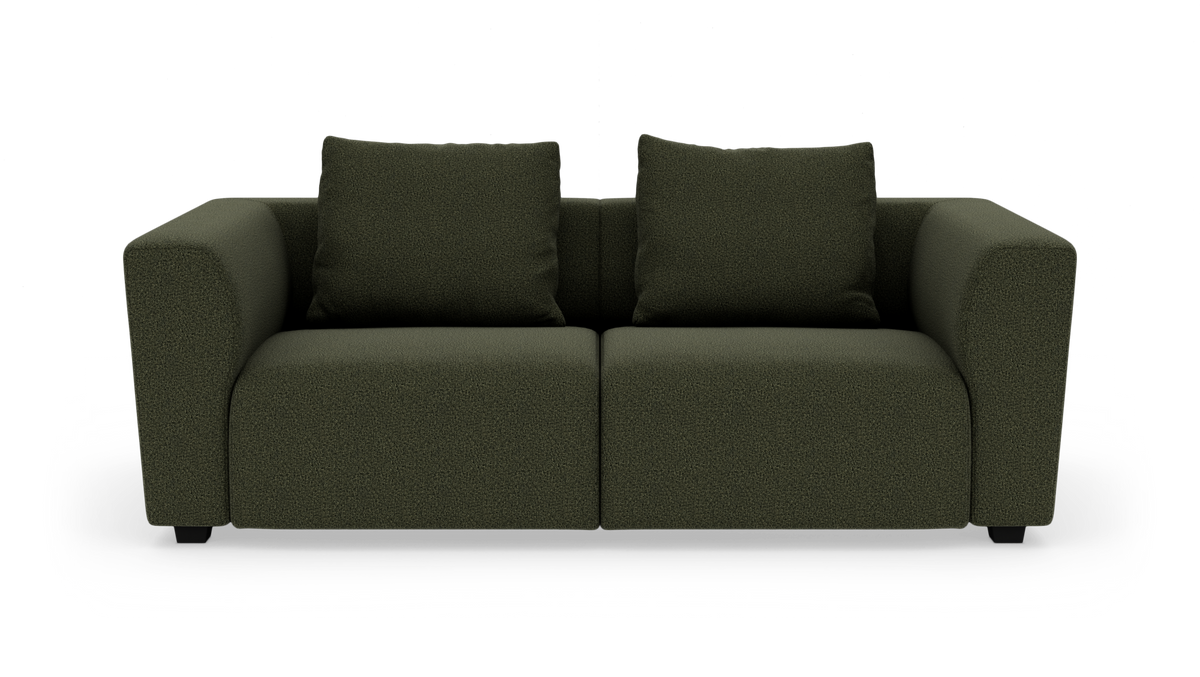 Mørkegrøn 2-personers sofa med to ryghynder, frontvisning på hvid baggrund.