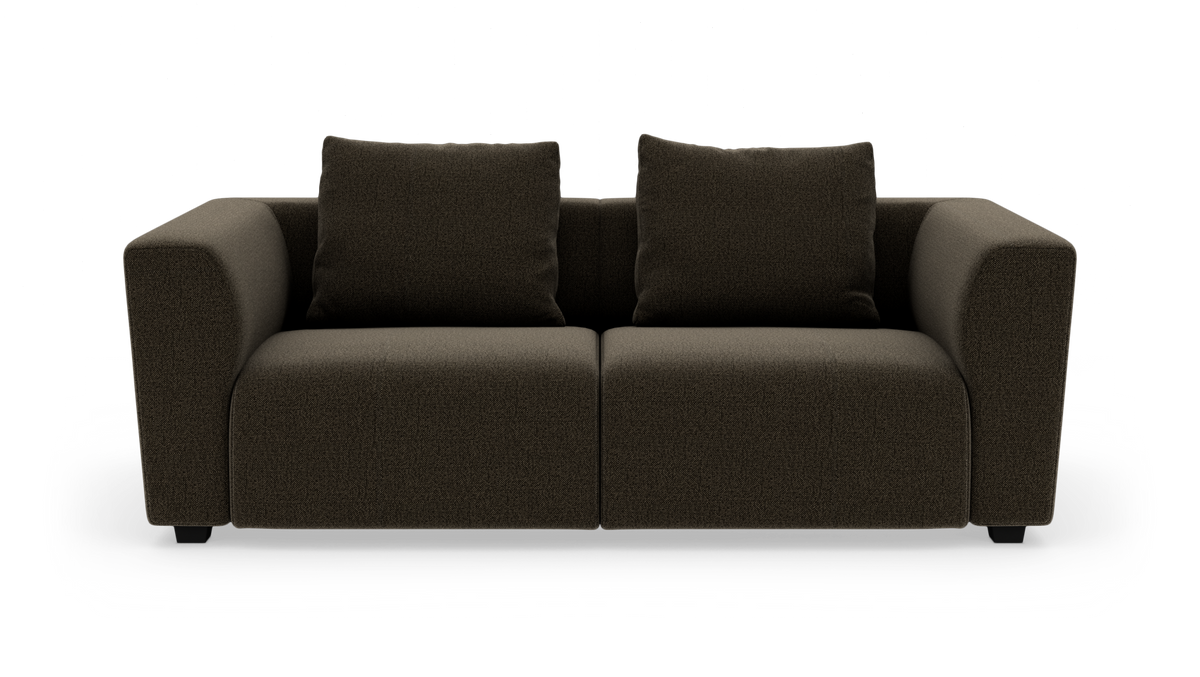 Mørkebrun 2-personers sofa med brede armlæn og to løse rygpuder, fotograferet forfra i studie.
