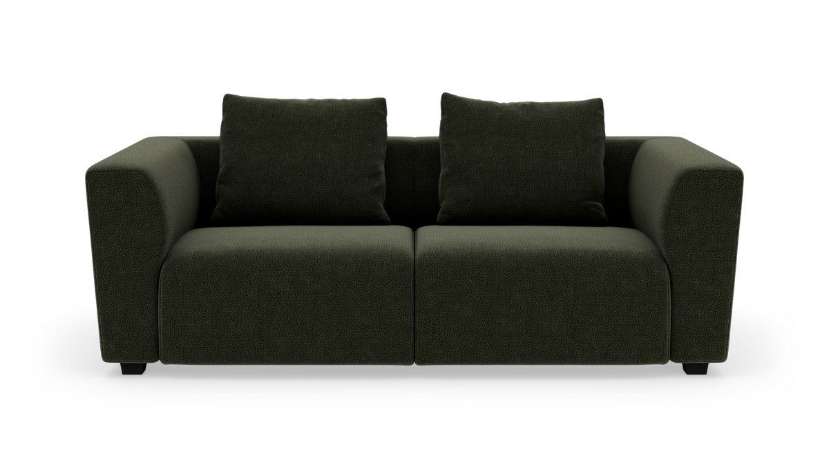 Mørkegrøn 2-personers sofa med to ryghynder, frilagt på hvid baggrund.