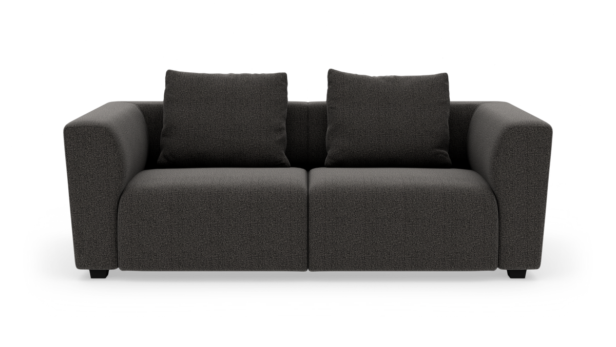 Mørkegrå 2-personers sofa med to rygpuder og afrundede armlæn, set forfra mod hvid baggrund.