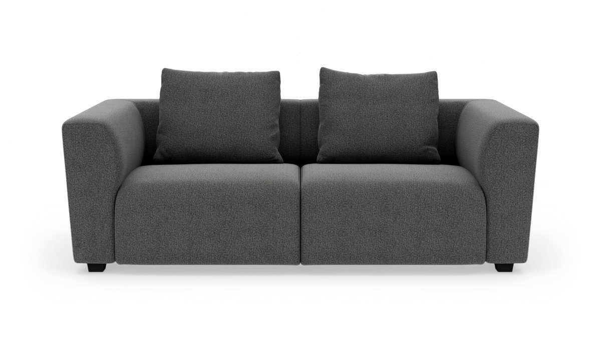 Mørkegrå 2-personers sofa med to ryghynder, frilagt på hvid baggrund.