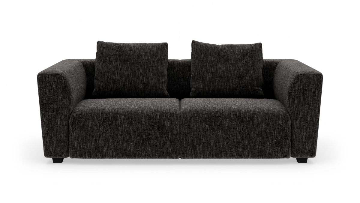 Mørkegrå 2-personers sofa med brede armlæn og to rygpuder, fritstående mod hvid baggrund.