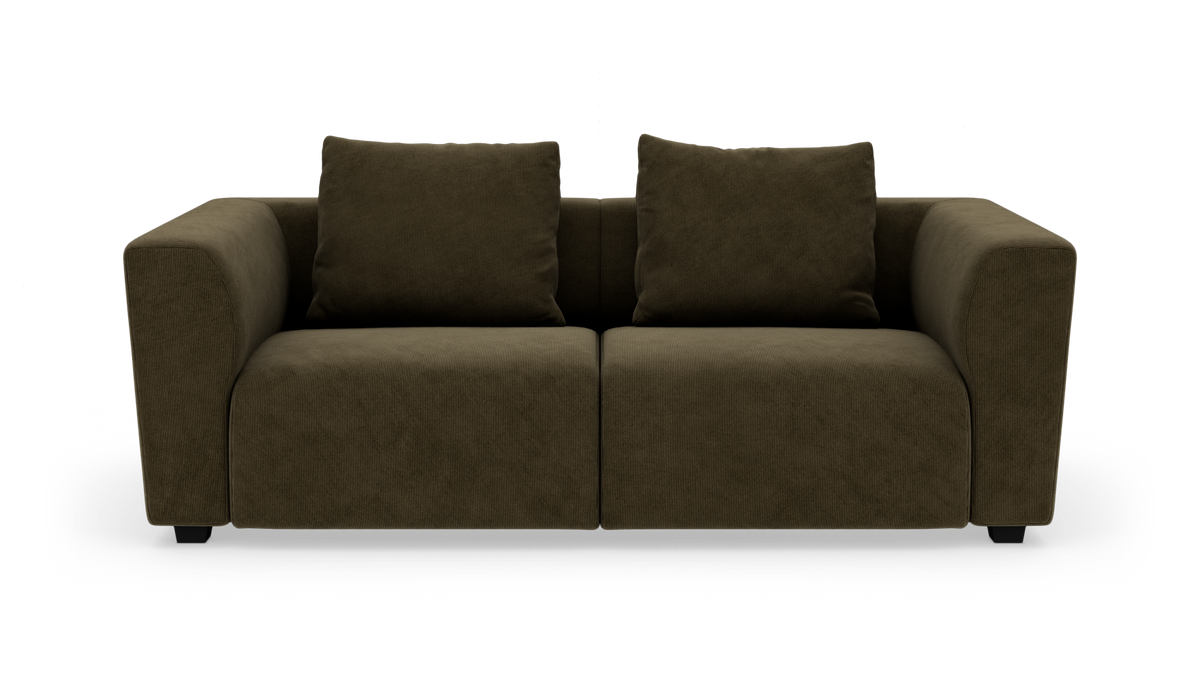 Mørkebrun 2-personers sofa i corduroy, set forfra.