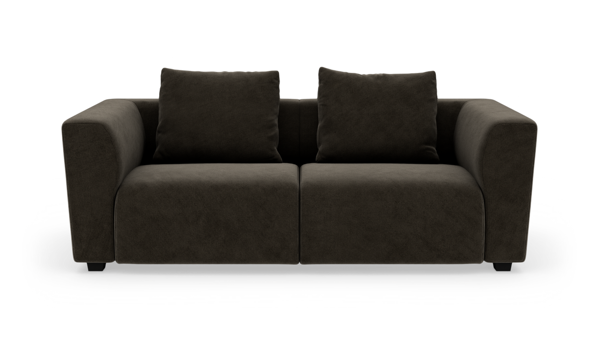 Mørkebrun 2-personers sofa med brede armlæn, frontvisning på hvid baggrund.