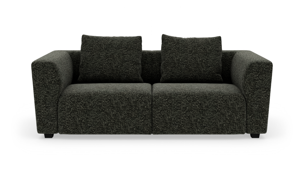 Mørkegrå to-personers sofa med to store ryghynder, fritstående på hvid baggrund.