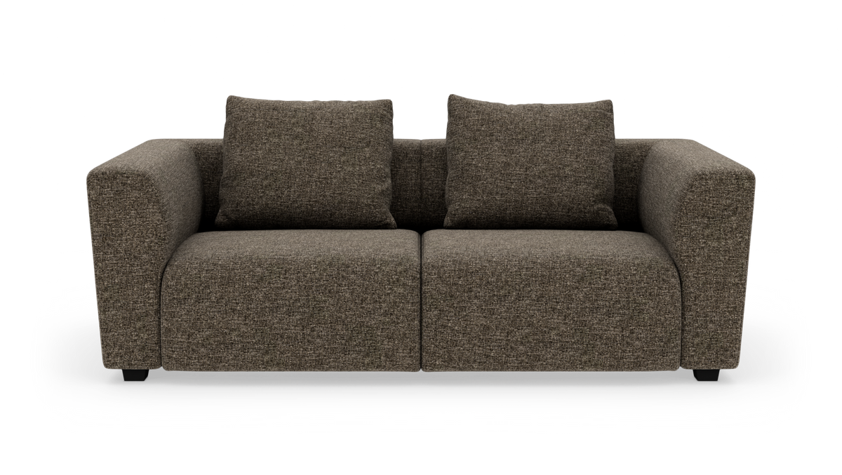 Brun 2-personers sofa med to ryghynder, set lige forfra på hvid baggrund.