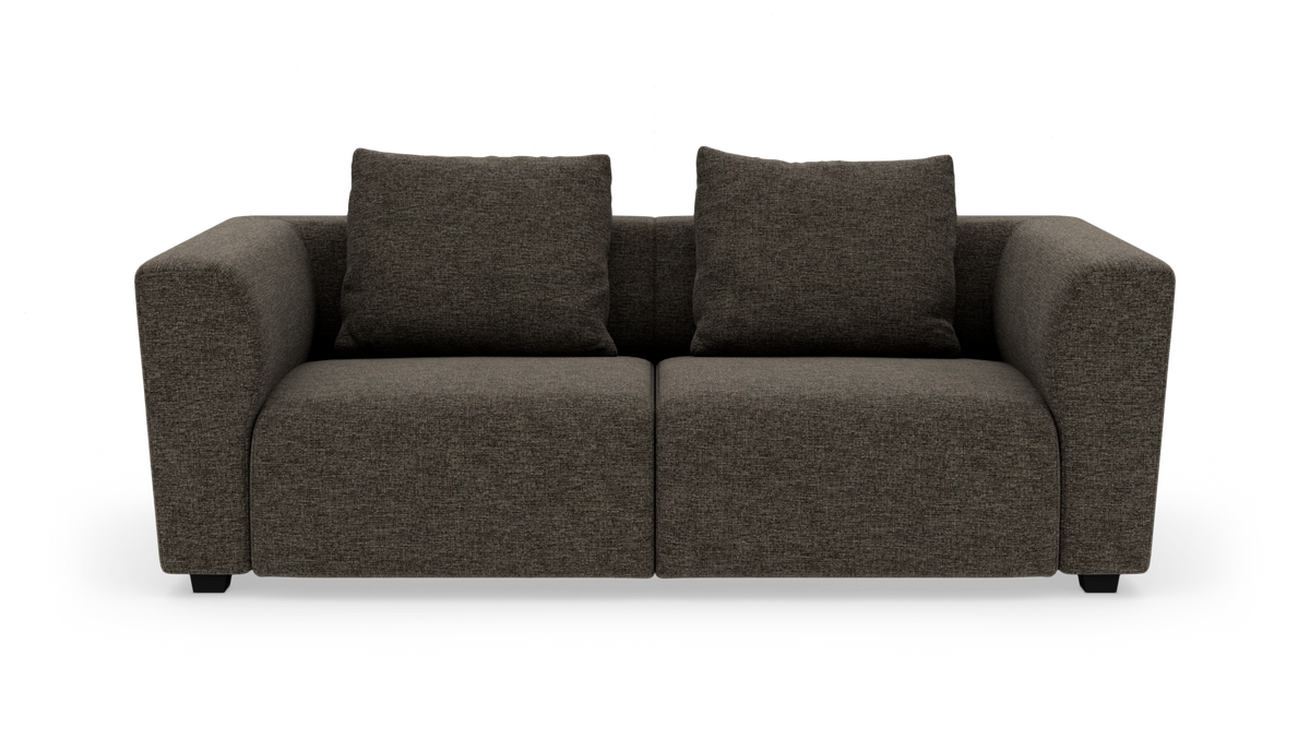 Mørkebrun 2-personers sofa med to ryghynder, fritstående på hvid baggrund.