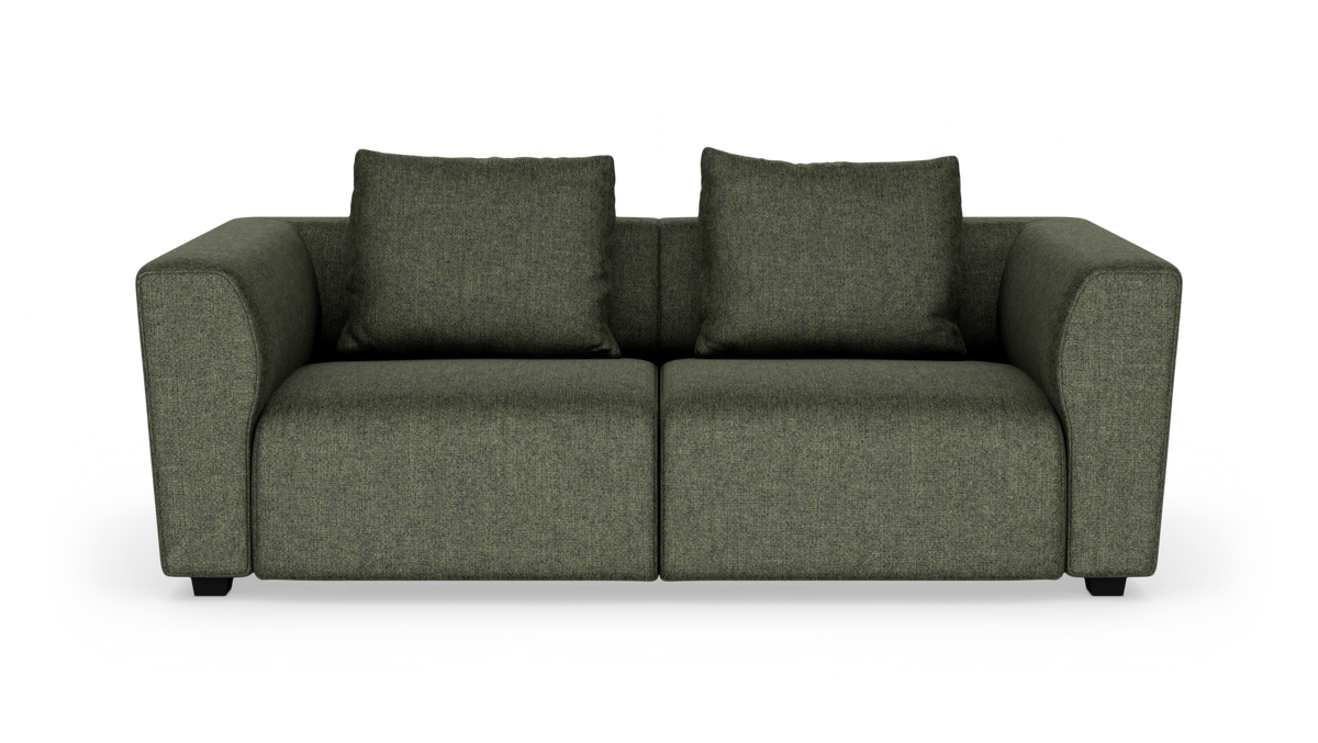 Grøn 2-personers sofa med bløde armlæn og to ryghynder, frilagt på hvid baggrund.