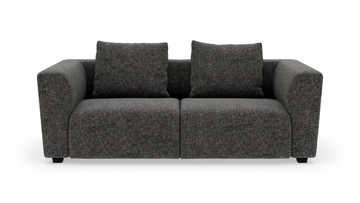 Mørkegrå 2-personers sofa med to ryghynder, fritstående på hvid baggrund.