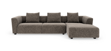 Modulsofa i gråbrunt tekstil med chaiselong til højre og fire ryghynder.