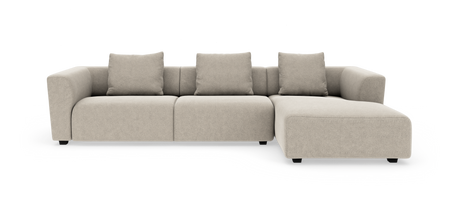 Beige modulsofa med chaiselong til højre, frontvisning på hvid baggrund.