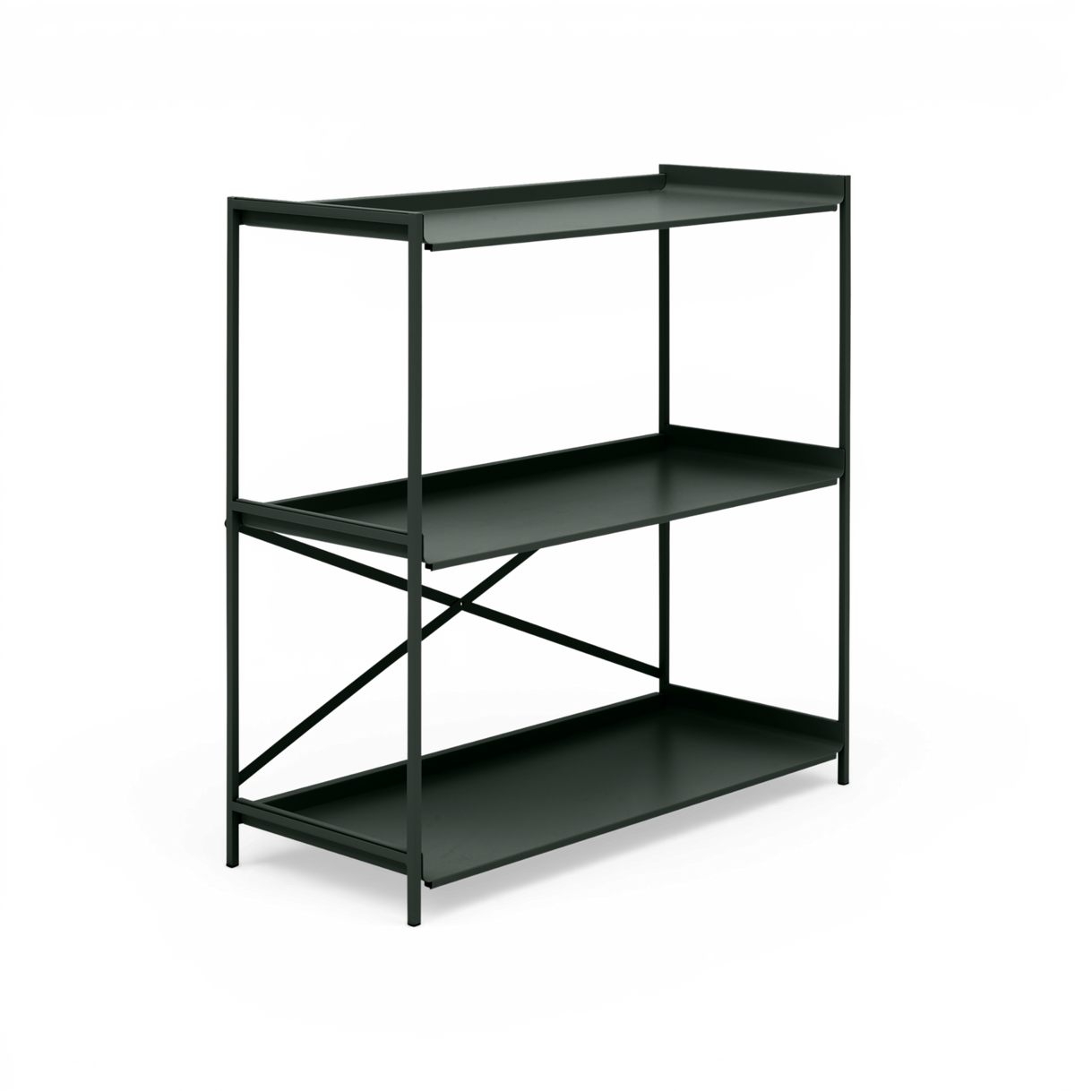 Mørkegrøn metalreol med tre hylder og slankt stel, krydsafstivning bagpå.