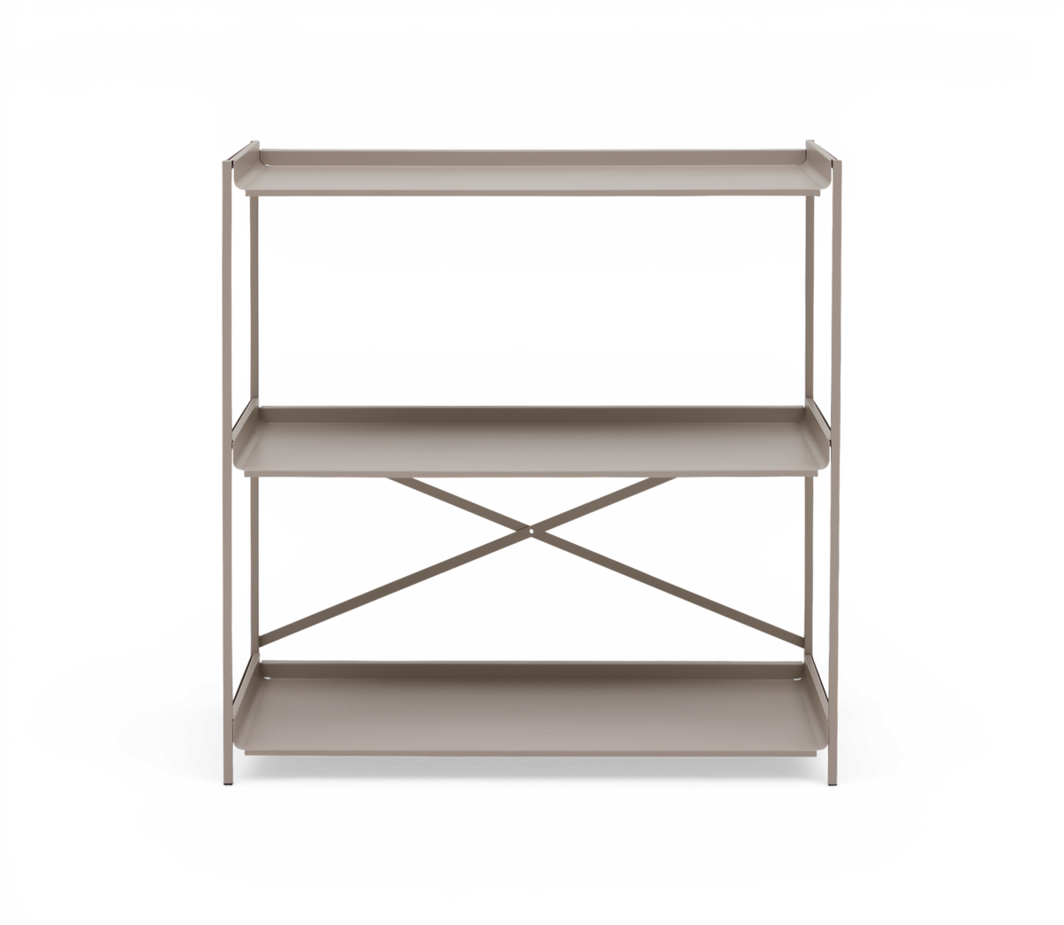 Beige/grå metalreol med tre hylder, frontvisning.