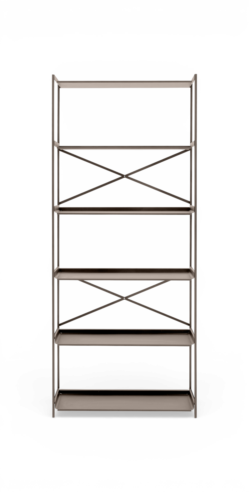 Fritstående metalreol med fem hylder i beige, frontal produktbillede.
