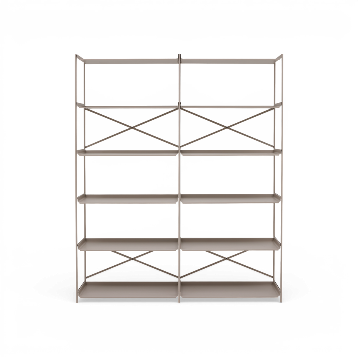 Fritstående metalreol med seks hylder og krydsafstivning, beige, set forfra på hvid baggrund.