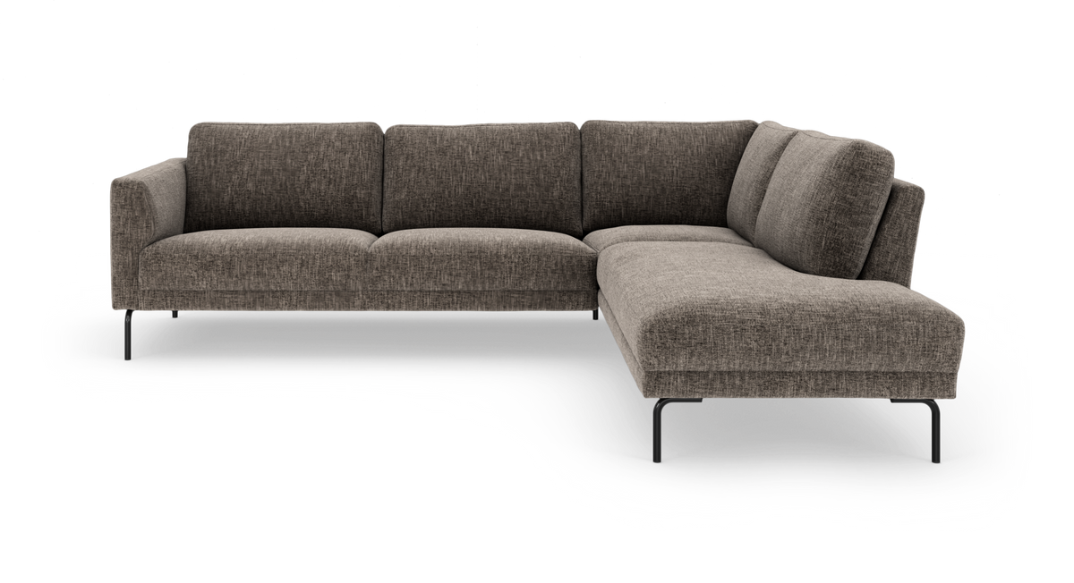 Modulær hjørnesofa i brungråt stof med højre chaiselong og slanke sorte metalben.