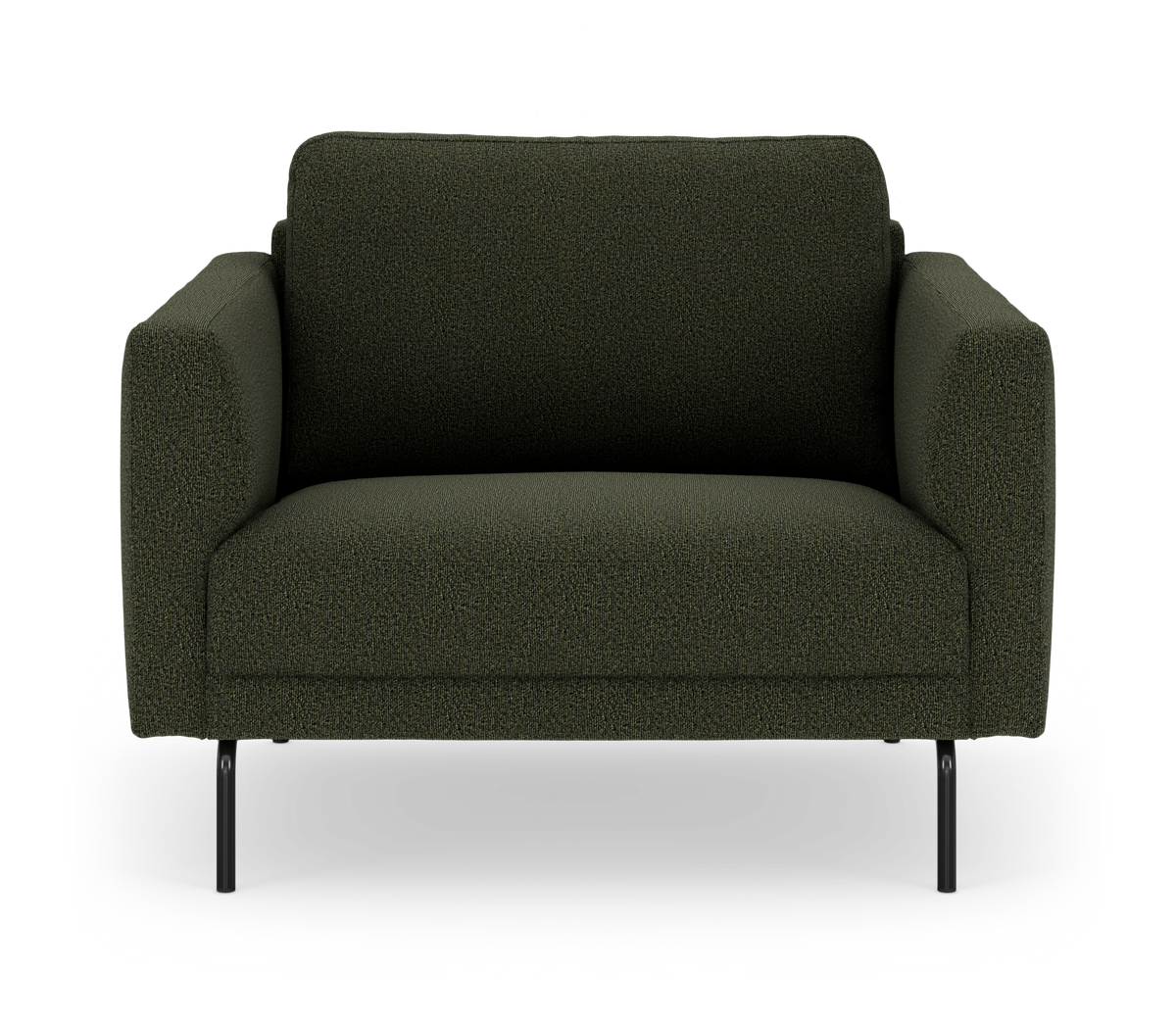 Mørkegrøn 2-personers sofa med sorte metalben, set forfra på hvid baggrund.