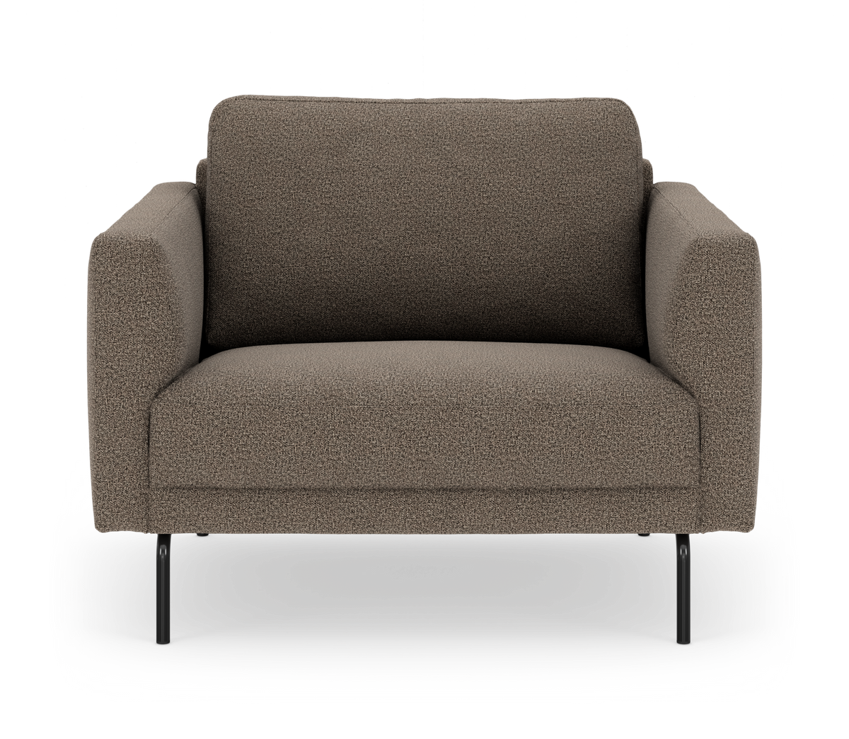 Brun, kompakt 2-personers sofa med afrundede armlæn og sorte metalben, frilagt på hvid baggrund.