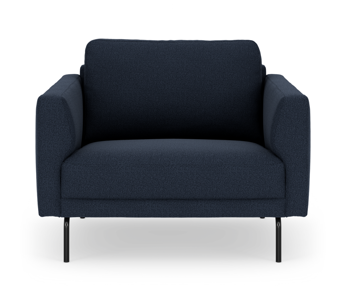 Mørkeblå 2-personers sofa med afrundede armlæn og sorte metalben, frontvisning.