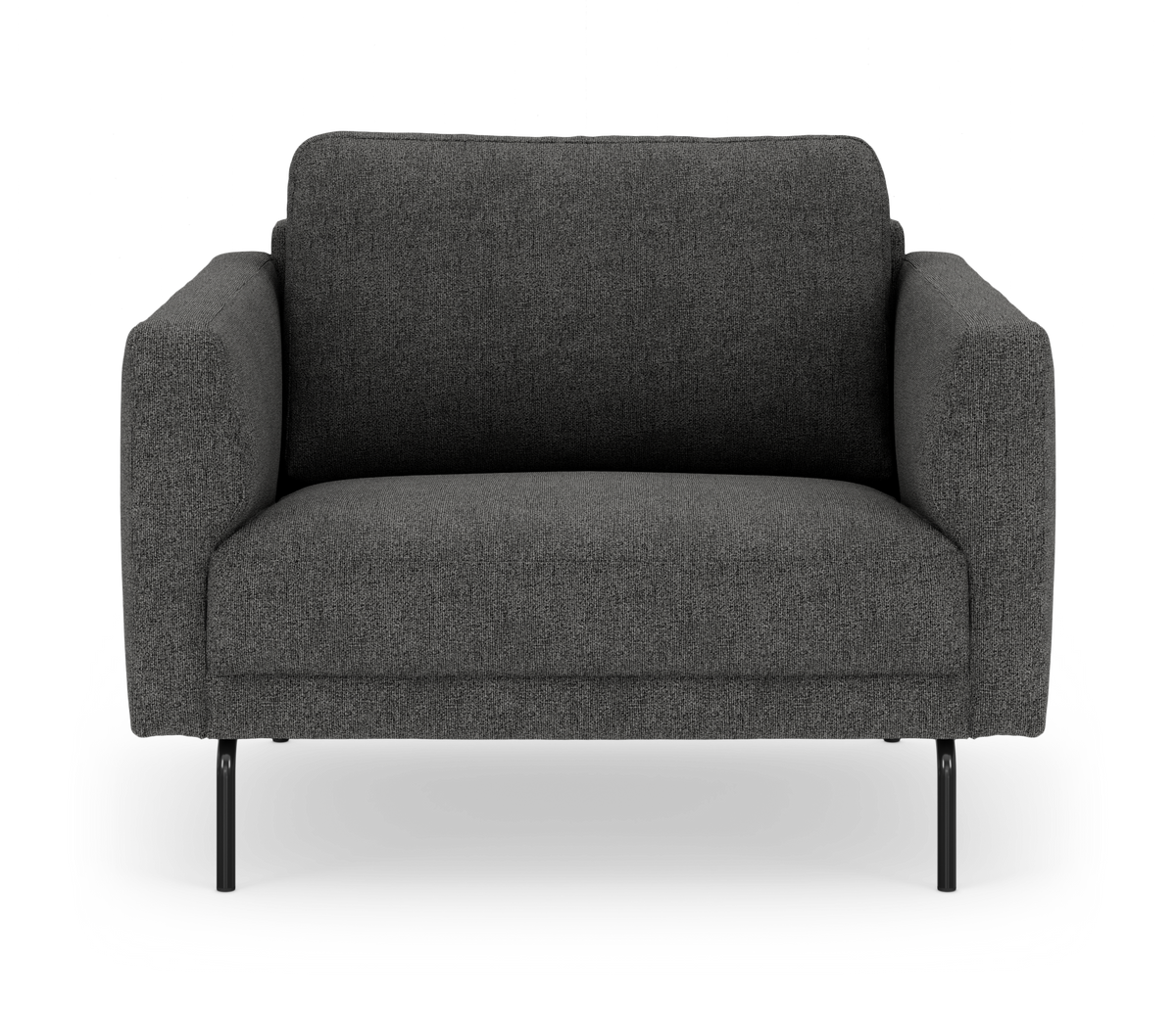 Mørkegrå 2-personers sofa med slanke sorte ben i frontvisning, frilagt på hvid baggrund.
