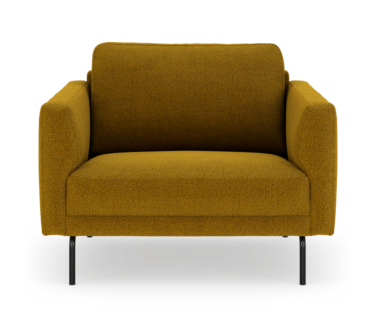 Sennepsgul to-personers sofa med slanke sorte metalben, frontvisning på hvid baggrund.