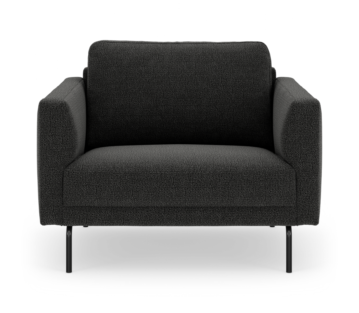 Mørkegrå 2-personers sofasæde i stof med slanke sorte metalben, set forfra.