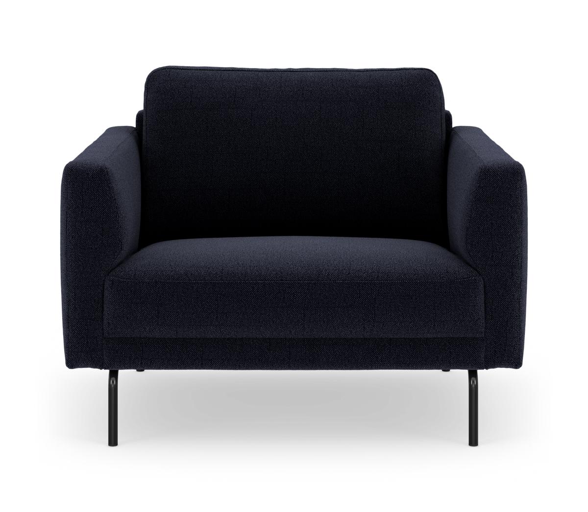 Mørkeblå 2-personers sofa med lige armlæn og sorte metalben, frilagt på hvid baggrund.