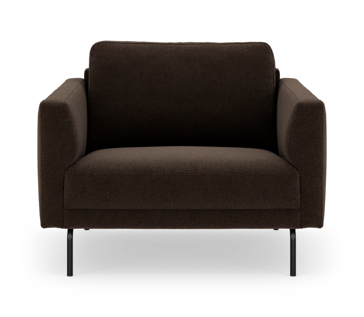 Mørkebrun to-personers sofa med slanke sorte ben, set forfra.