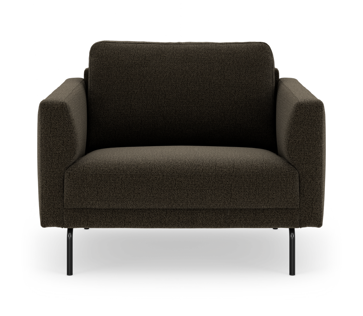 Mørkebrun 2-personers stofsofa med slanke sorte metalben, frontview mod hvid baggrund.