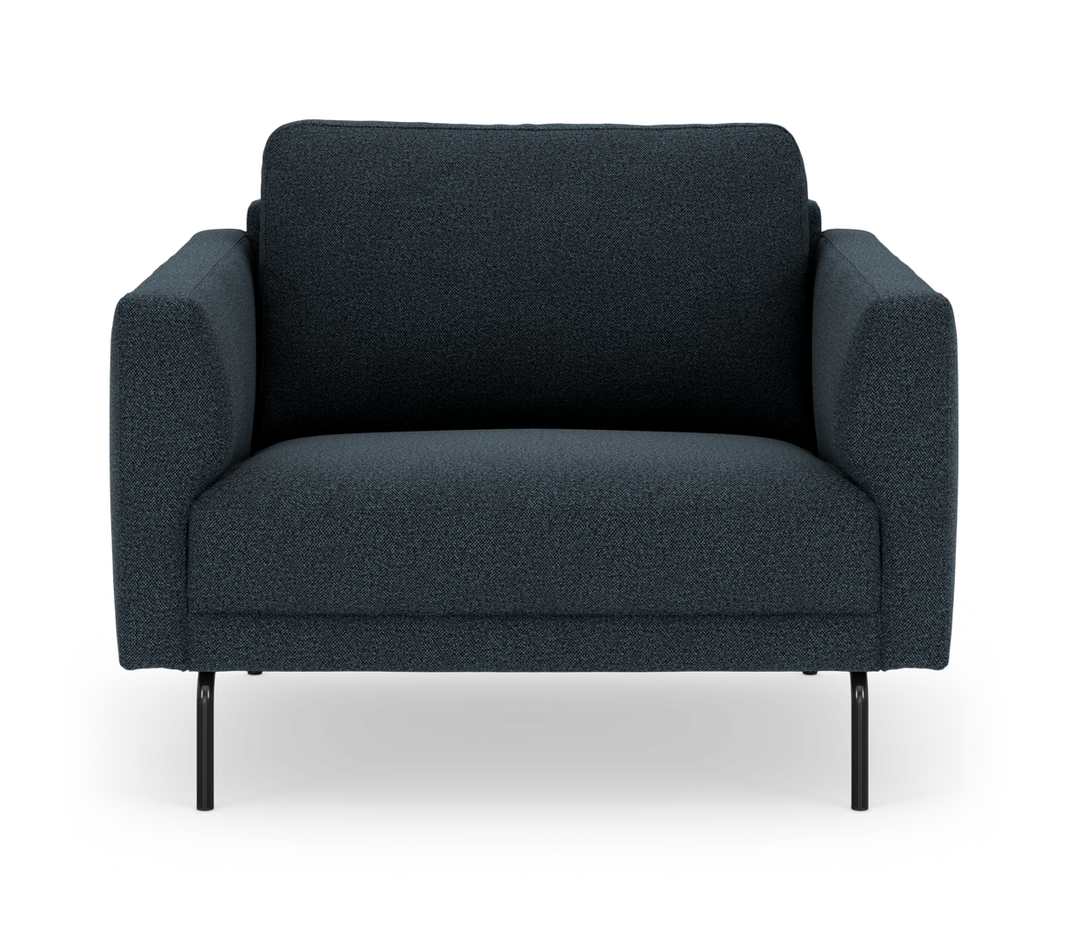 Mørkeblå 2-personers sofa med slanke sorte metalben, set forfra mod hvid baggrund.