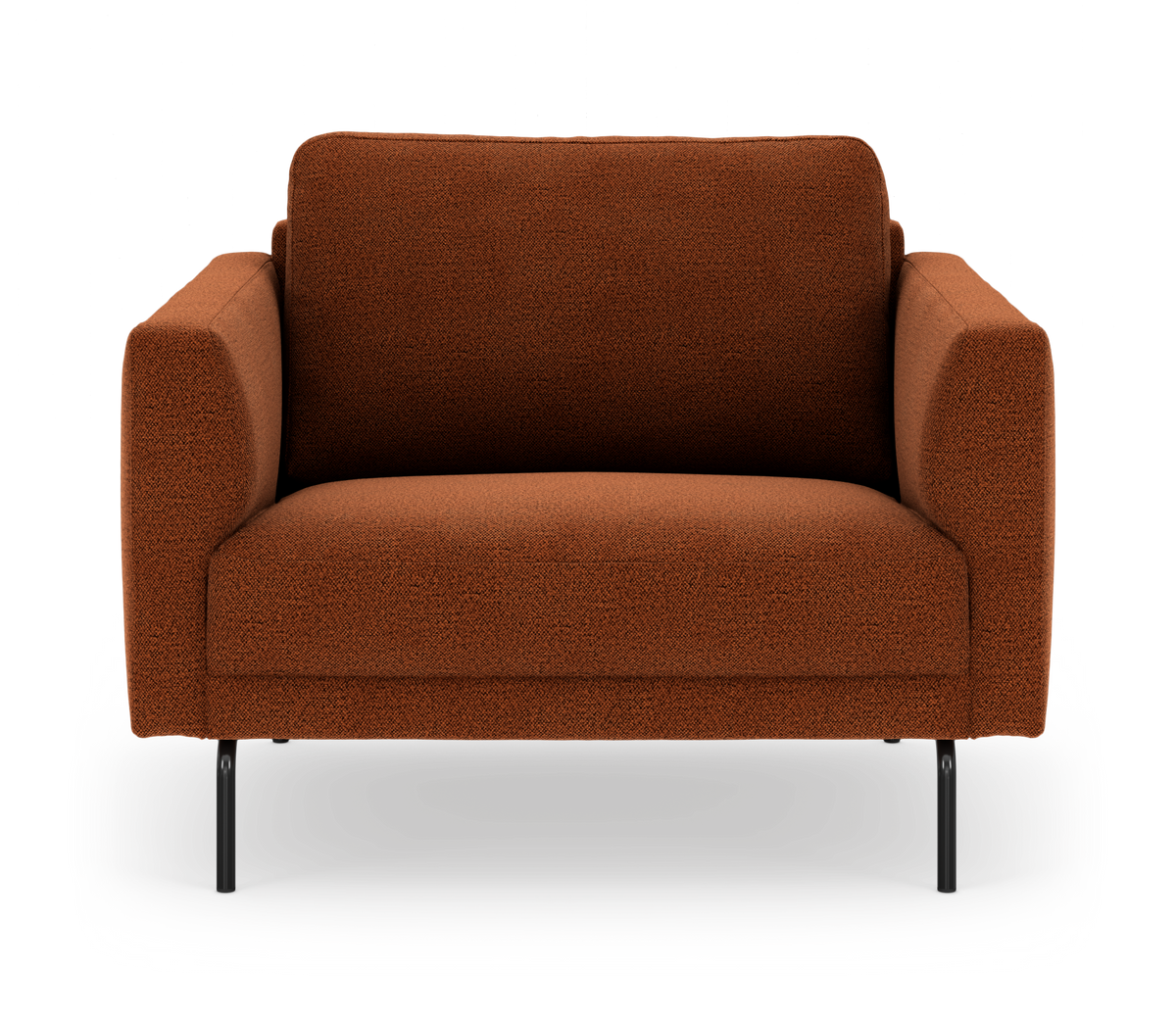 Kompakt 2-personers sofa i rust­rødt stof med afrundede armlæn og slanke sorte metalben, set forfra på hvid baggrund.