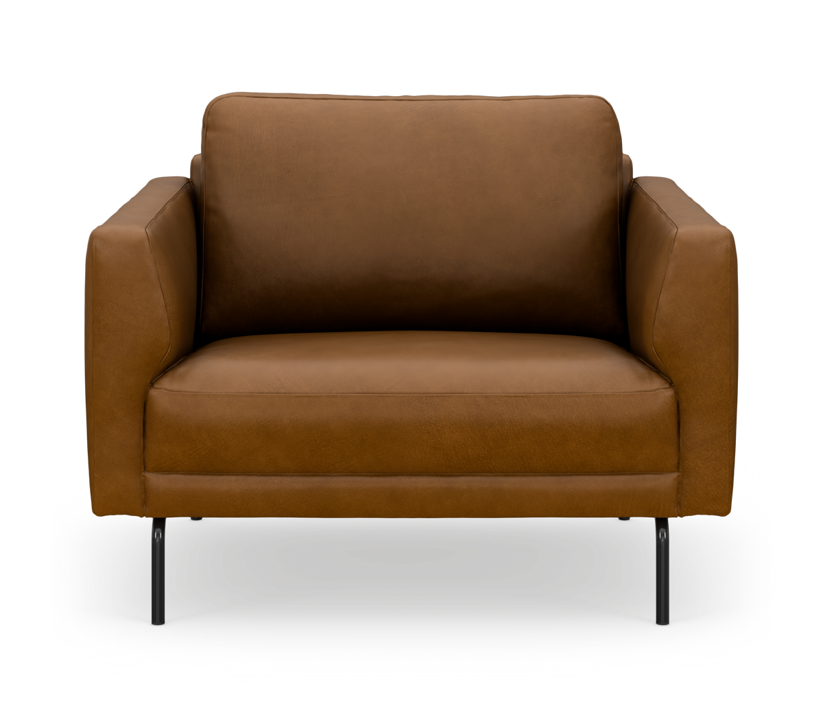 Brun 2-personers lædersofa med slanke sorte ben, set forfra.